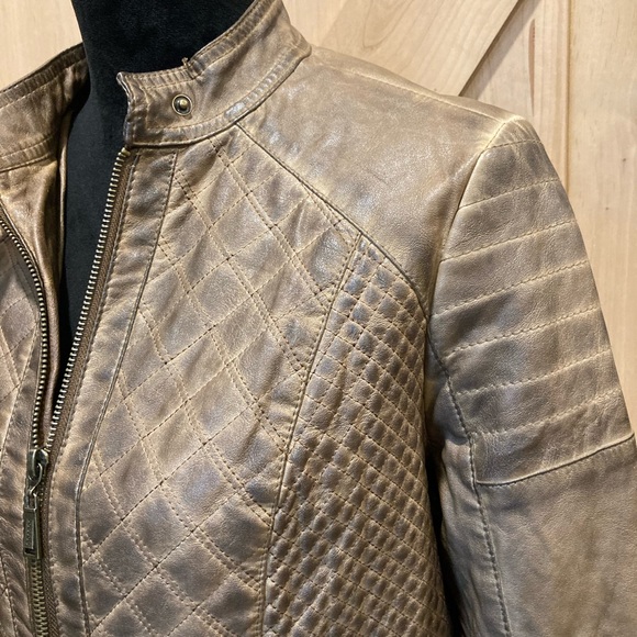 Jou Jou Women's Brown Quilted Faux Leather Moto Jacket Grunge Distressed Large - Picture 15 of 16